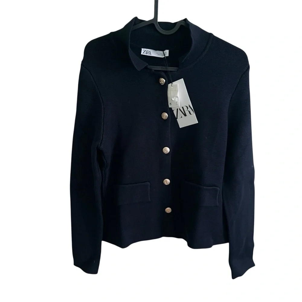 Zara Navy Blue Knit Cardigan Gold tone Button Long Sleeves Blazer style Size S - Picture 3 of 7